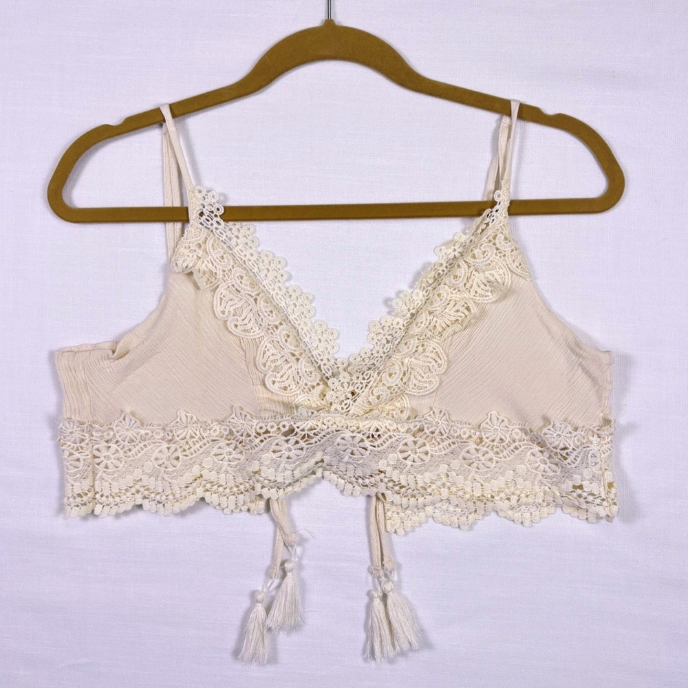 Boho Lace Bralette XL Fairycore Festival Tassel Tie Crop Top Cream Western